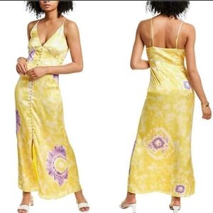 LINI Noelle‎ Satin Maxi Dress Yellow Purple Tie-Dye Button Front Small NWT